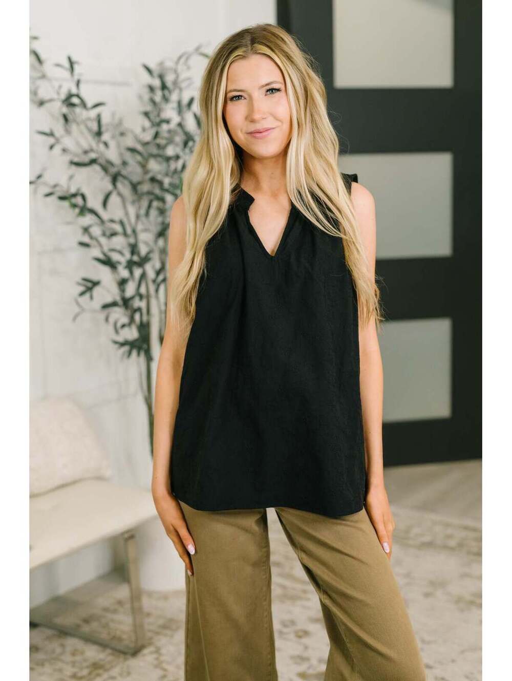 Camellia Split Neck Embroidered Tank in Black